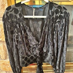 Free People Black Velvet Polka Dot Blouse